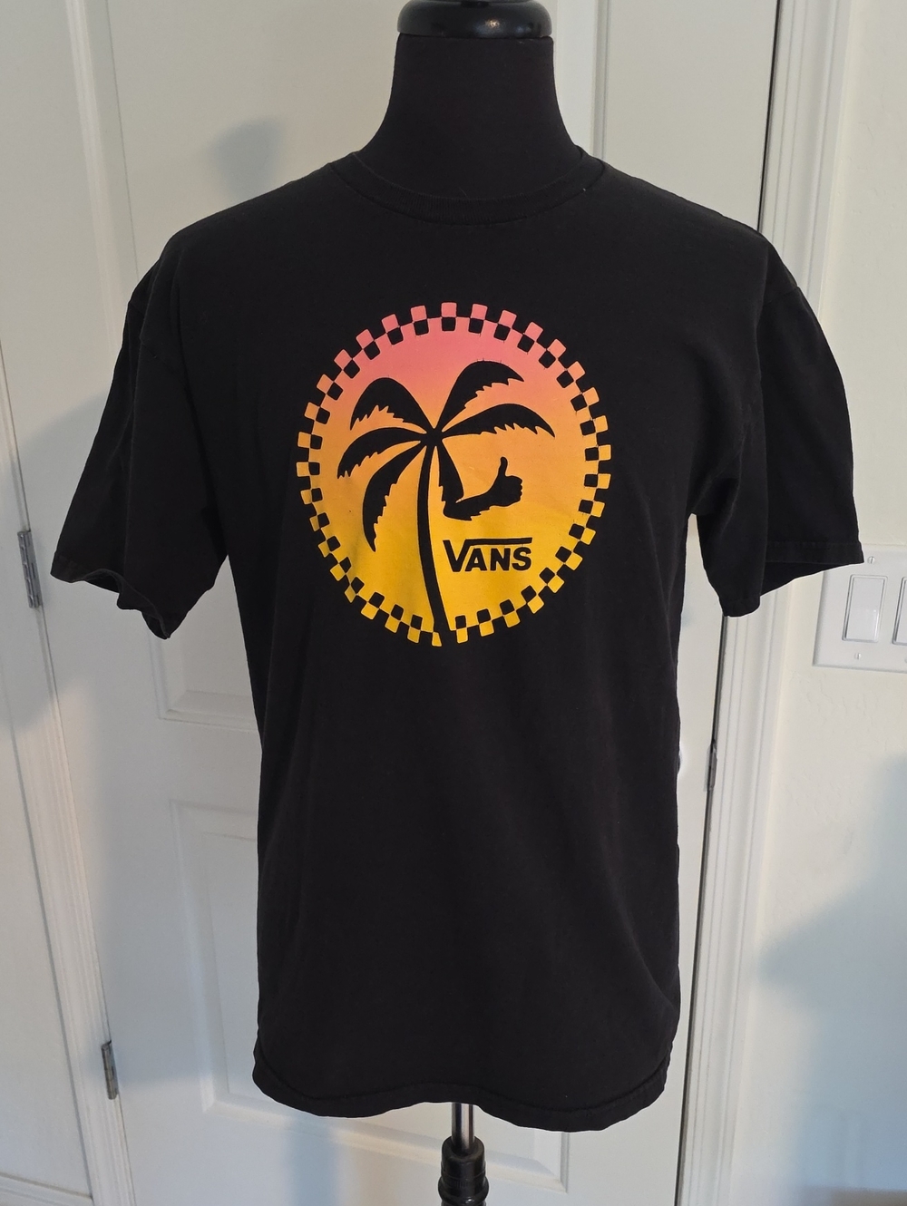 Vans Black Tee with Pink-to-Yellow Sunset Palm Graphic